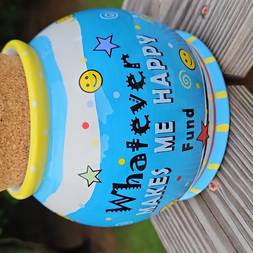 Vintage Handpainted Ceramic Piggy Bank Jar GANZ Blue and Yellow Happy Fund Jar